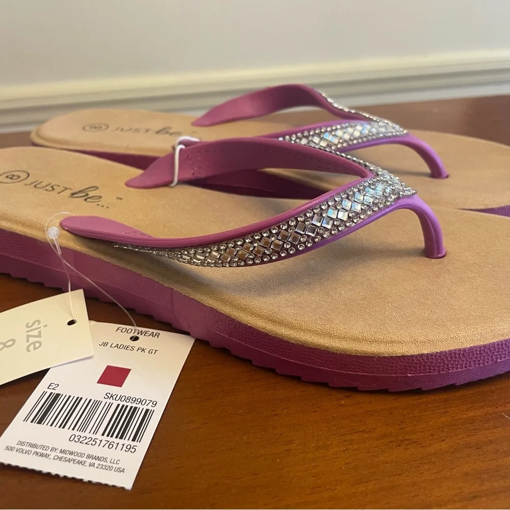 NWT Just be Purple Rhinestone Thong Sandals with Tan Footbed